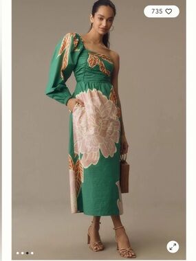 Farm Rio Green One-Shoulder Floral Midi Dress